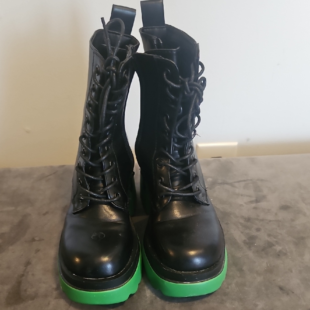 Black Lace-Up Platform Boots with Bright Green Soles..side zipper...size 5.5